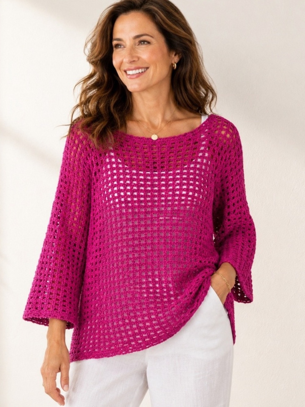 Chico's Open-Weave Crew-Neck Sweater & Matching Tank in Fuchsia, Women's Large